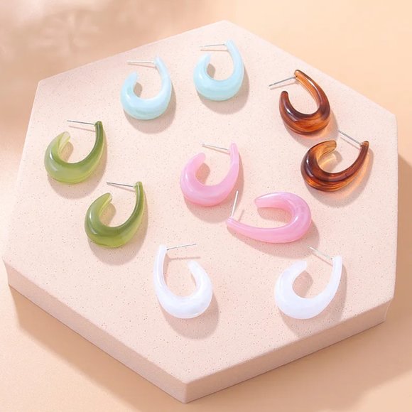 Retro Brown Resin Acrylic Oblong Oval U-Shape  Hoop Earrings NEW - Picture 2 of 6